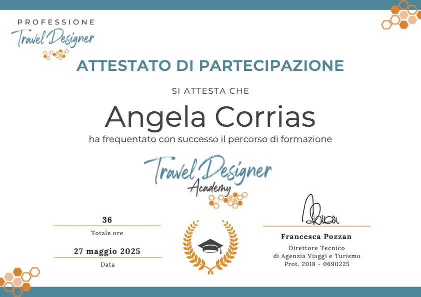 Immagine: Attestato di partecipazione di Angela Corrias alla Travel Designer Academy.